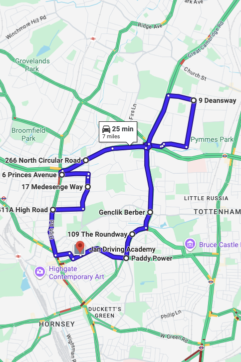 Wood Green (London) driving test routes map UK showing DVSA test routes, real exam roads, key junctions, roundabouts and roads used in the driving test