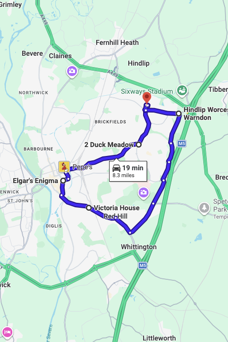 Worcester driving test routes map UK showing DVSA test routes, real exam roads, key junctions, roundabouts and roads used in the driving test