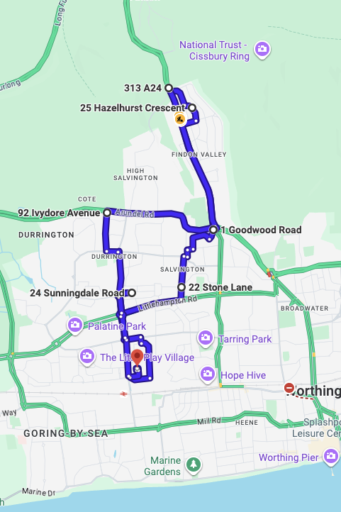 Worthing driving test routes map UK showing DVSA test routes, real exam roads, key junctions, roundabouts and roads used in the driving test