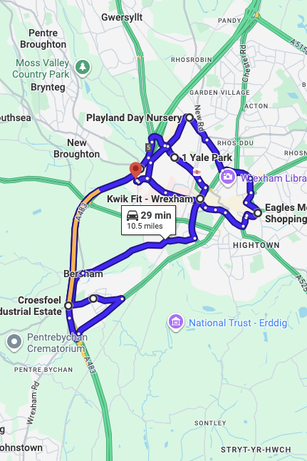 Wrexham driving test routes map UK showing DVSA test routes, real exam roads, key junctions, roundabouts and roads used in the driving test
