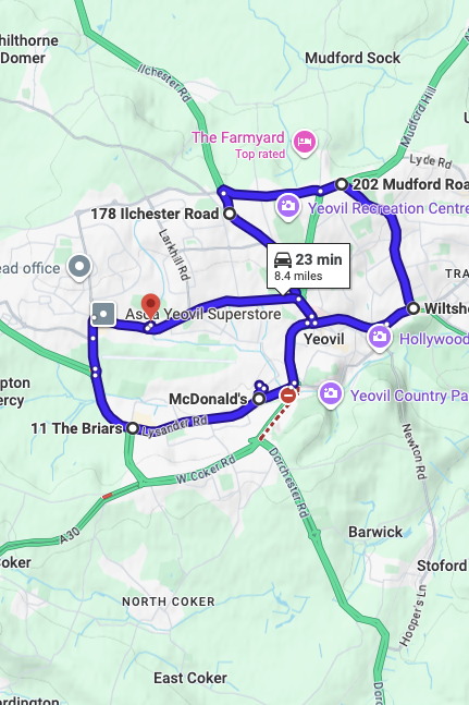 Yeovil driving test routes map UK showing DVSA test routes, real exam roads, key junctions, roundabouts and roads used in the driving test