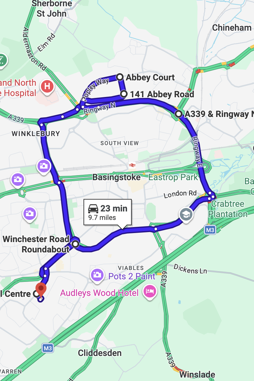 Basingstoke driving test routes map UK showing DVSA test routes, real exam roads, key junctions, roundabouts and roads used in the driving test