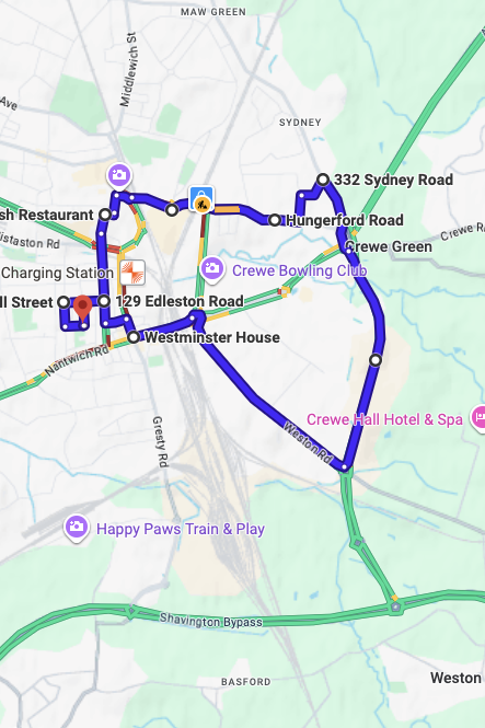 Crewe driving test routes map UK showing DVSA test routes, real exam roads, key junctions, roundabouts and roads used in the driving test