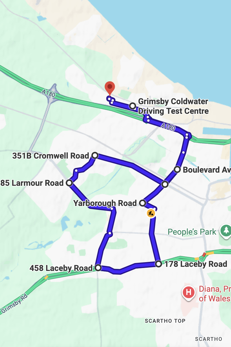 Grimsby Coldwater driving test routes map UK showing DVSA test routes, real exam roads, key junctions, roundabouts and roads used in the driving test