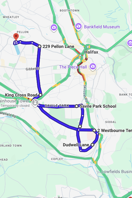 Halifax driving test routes map UK showing DVSA test routes, real exam roads, key junctions, roundabouts and roads used in the driving test