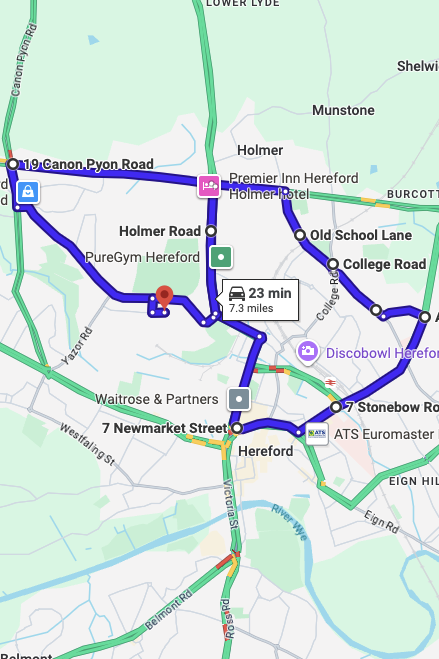Hereford driving test routes map UK showing DVSA test routes, real exam roads, key junctions, roundabouts and roads used in the driving test
