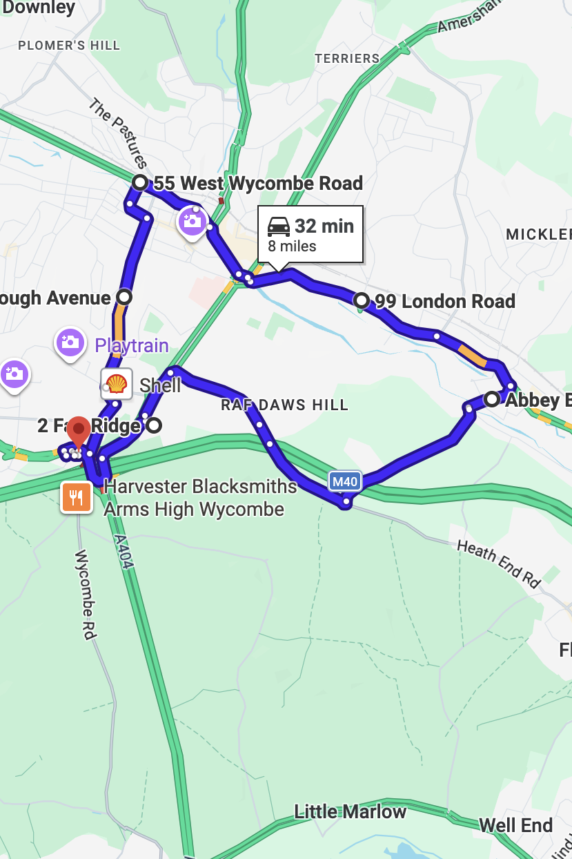 High Wycombe driving test routes map UK showing DVSA test routes, real exam roads, key junctions, roundabouts and roads used in the driving test