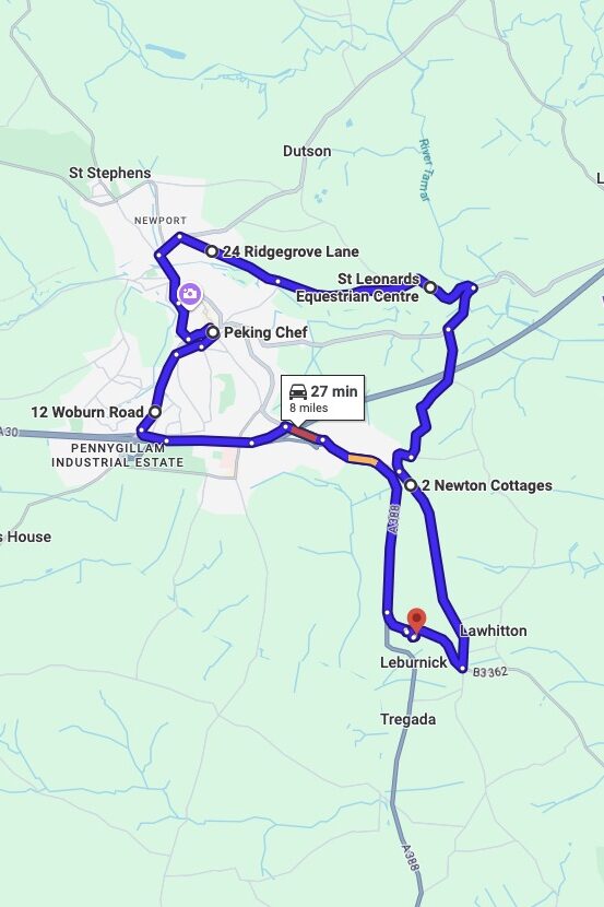 Launceston driving test routes map UK showing DVSA test routes, real exam roads, key junctions, roundabouts and roads used in the driving test