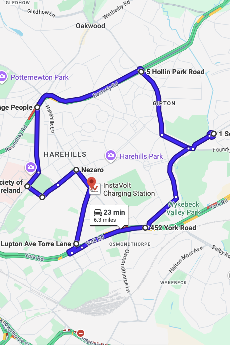 Leeds (Fearnville) driving test routes map UK showing DVSA test routes, real exam roads, key junctions, roundabouts and roads used in the driving test
