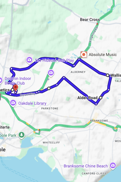 Poole driving test routes map UK showing DVSA test routes, real exam roads, key junctions, roundabouts and roads used in the driving test