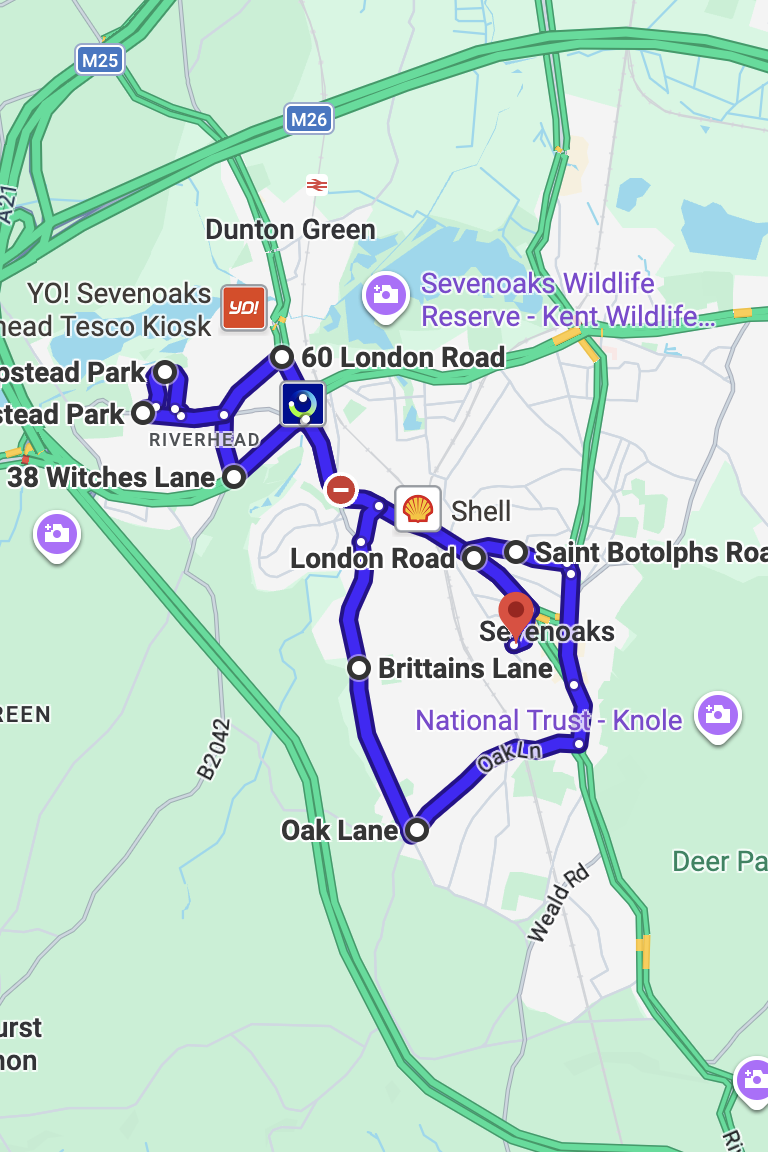 Sevenoaks driving test routes map UK showing DVSA test routes, real exam roads, key junctions, roundabouts and roads used in the driving test