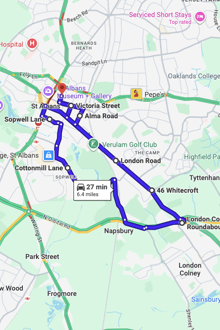 St Albans driving test routes map UK showing DVSA test routes, real exam roads, key junctions, roundabouts and roads used in the driving test