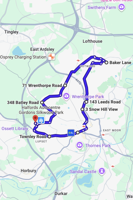 Wakefield driving test routes map UK showing DVSA test routes, real exam roads, key junctions, roundabouts and roads used in the driving test