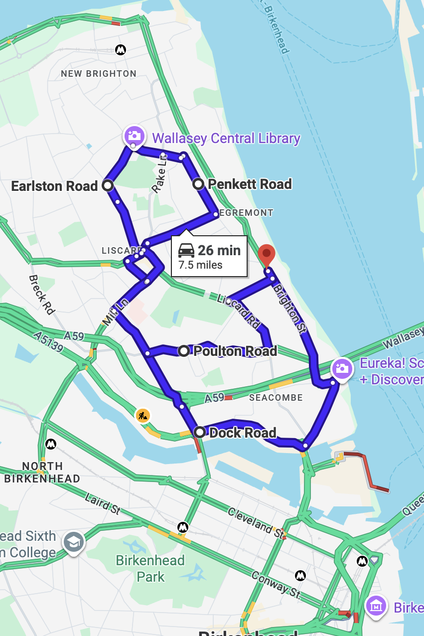 Wallasey driving test routes map UK showing DVSA test routes, real exam roads, key junctions, roundabouts and roads used in the driving test
