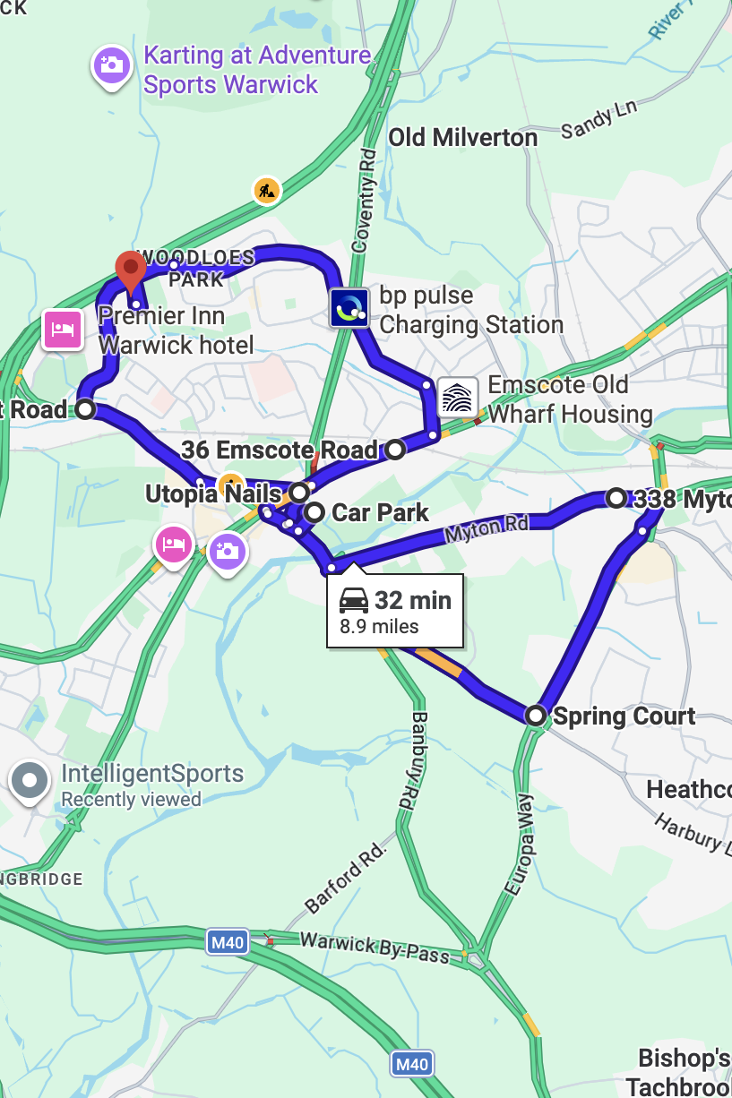 Warwick (Wedgenock House) driving test routes map UK showing DVSA test routes, real exam roads, key junctions, roundabouts and roads used in the driving test