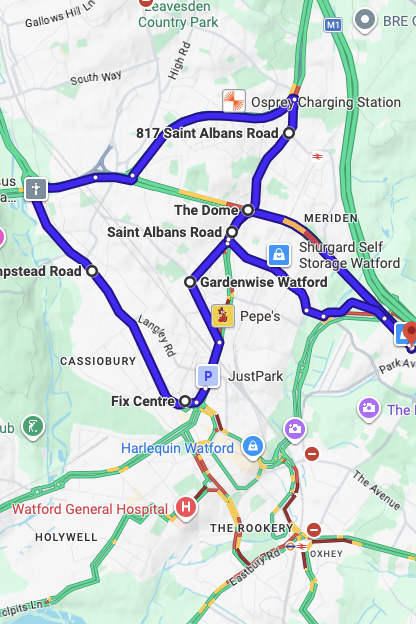 Watford driving test routes map UK showing DVSA test routes, real exam roads, key junctions, roundabouts and roads used in the driving test
