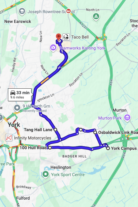 York driving test routes map UK showing DVSA test routes, real exam roads, key junctions, roundabouts and roads used in the driving test