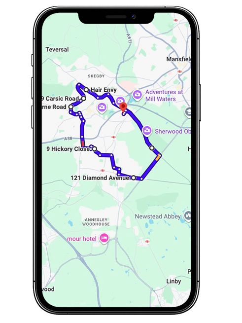 Ashfield driving test routes covering Sutton Road (A38), Kirkby Road, Urban Road, Lowmoor Road, Diamond Avenue and key roundabouts commonly used near Ashfield Driving Test Centre, Nottinghamshire