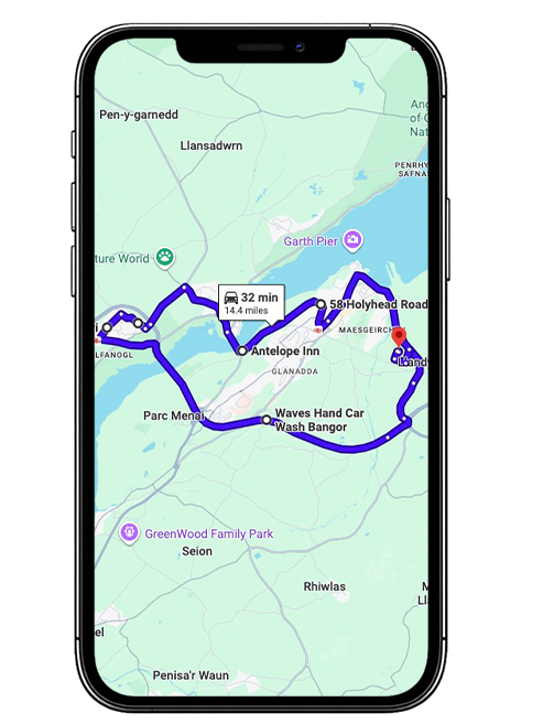 Bangor Driving Test Centre Practice Route through Caernarfon Road A4087, Ffordd Menai and Menai Suspension Bridge Roundabout in Gwynedd