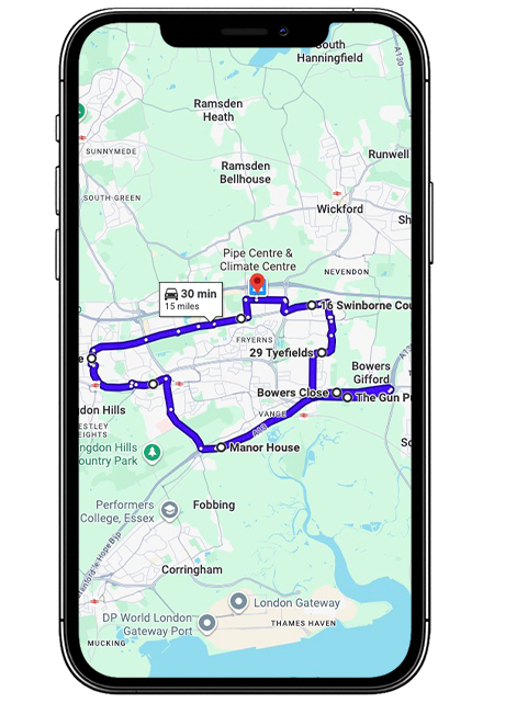 Basildon driving test routes covering Nethermayne (A176), Broadmayne, Uppermayne, Cranes Farm Road, East Mayne and major roundabouts commonly used near Basildon Driving Test Centre, Essex