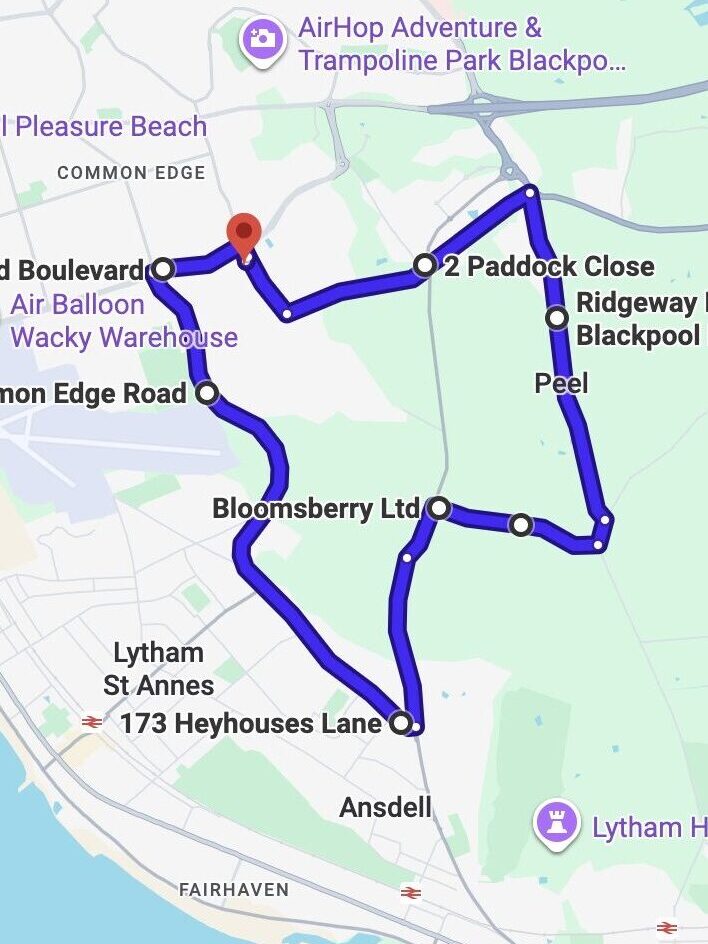 Blackpool driving test routes map UK showing DVSA test routes, real exam roads, key junctions, roundabouts and roads used in the driving test