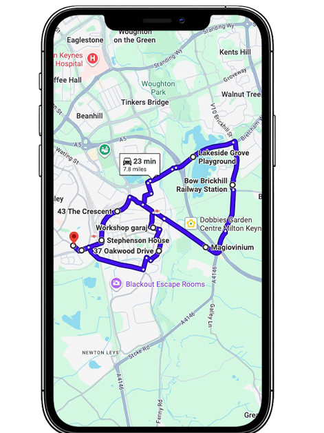 Bletchley driving test routes covering H8 Standing Way, V7 Saxon Street, Watling Street, Water Eaton Road, Wilton Avenue and key Milton Keynes roundabouts near Bletchley Driving Test Centre, Buckinghamshire