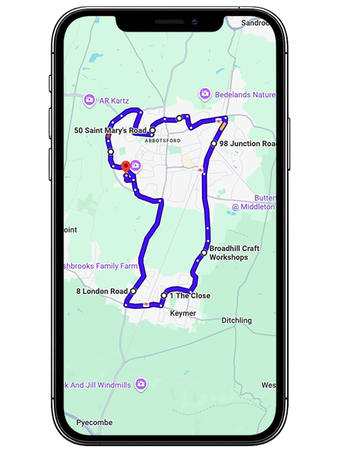 Burgess Hill driving test routes covering London Road (A273), Jane Murray Way, Keymer Road, Royal George Road, Leylands Road and major roundabouts near Burgess Hill Driving Test Centre, West Sussex