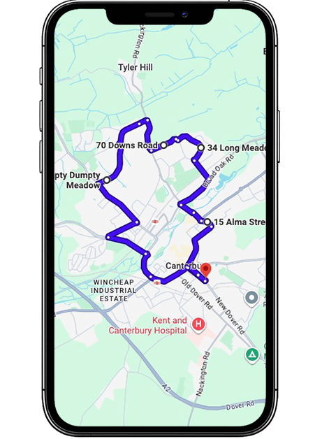 Canterbury driving test routes covering Sturry Road (A28), Rheims Way, New Dover Road (A2050), Broad Oak Road, Wincheap and key roundabouts commonly used near Canterbury Driving Test Centre, Kent