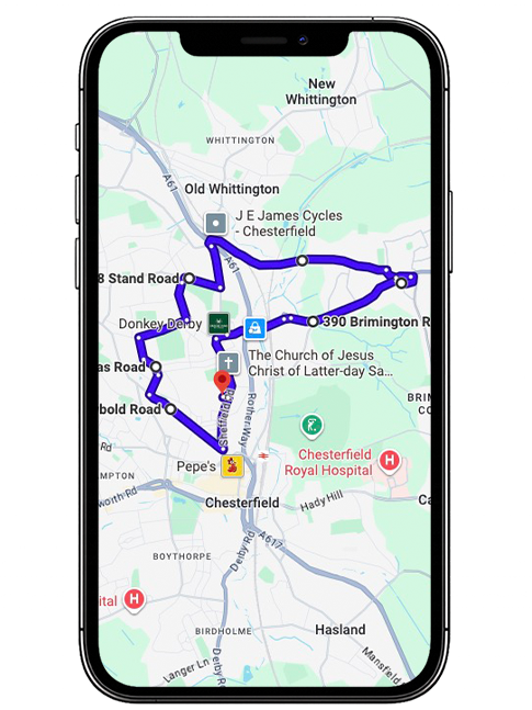 Chesterfield driving test routes covering Derby Road (A61), Chatsworth Road, Sheffield Road, Storforth Lane, Lordsmill Street and key roundabouts near Chesterfield Driving Test Centre, Derbyshire