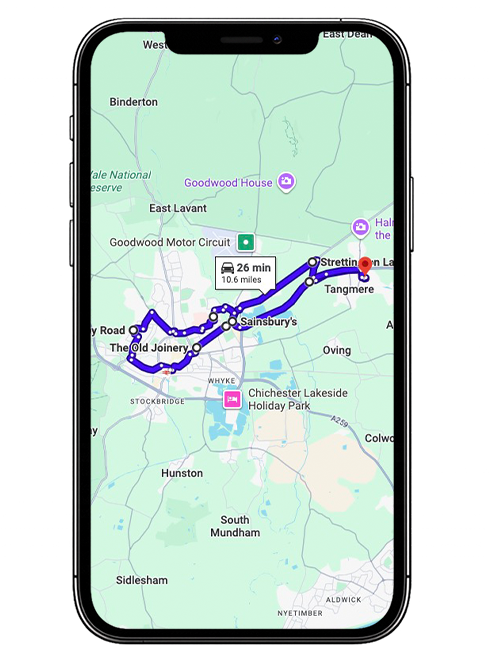 Chichester driving test routes covering Whyke Road, Bognor Road (A259), Stockbridge Road, Portfield Way, Shopwhyke Roundabout and key roads commonly used near Chichester Driving Test Centre, West Sussex