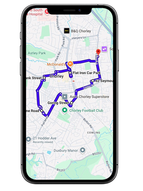 Chorley driving test routes featuring common test roads, roundabouts and junctions used by learner drivers near Chorley Driving Test Centre, Lancashire