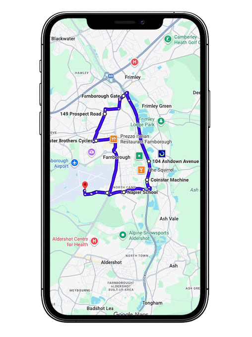 Farnborough driving test routes covering Farnborough Road, Prospect Road, Cove Road, Lynchford Road, Elles Road and key roundabouts commonly used near Farnborough Driving Test Centre, Hampshire
