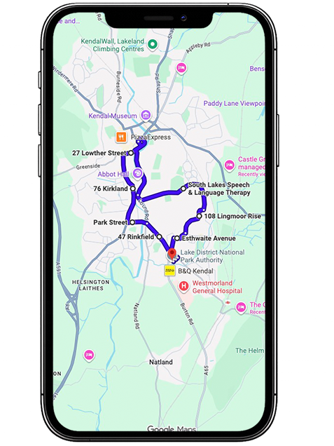 Kendal (Oxenholme Road) driving test routes featuring common test roads, roundabouts and junctions used by learner drivers near Kendal Driving Test Centre on Oxenholme Road, Cumbria