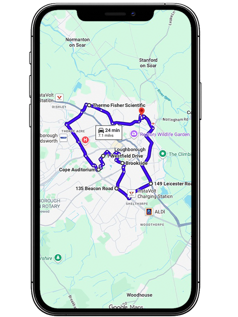 Loughborough driving test routes covering Epinal Way (A6004), Ashby Road, Forest Road, Derby Road, Leicester Road and key roundabouts commonly used near Loughborough Driving Test Centre, Leicestershire