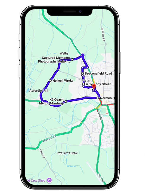 Melton Mowbray driving test routes covering Leicester Road (A607), Nottingham Road, Burton Road, Scalford Road, Saxby Road and key roundabouts commonly used near Melton Mowbray Driving Test Centre, Leicestershire
