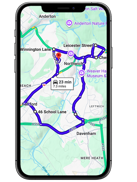 Northwich driving test routes featuring common test roads, roundabouts and junctions used by learner drivers near Northwich Driving Test Centre, Cheshire West and Chester
