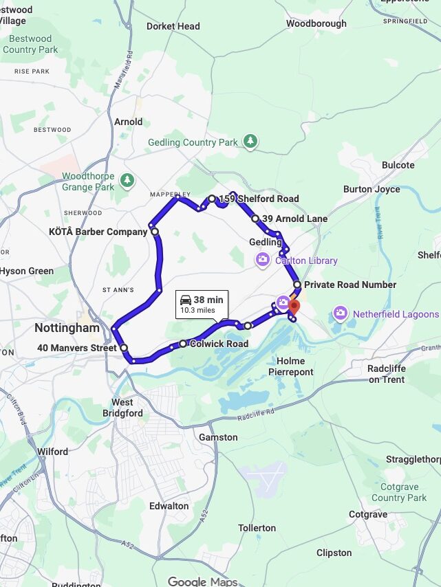 Nottingham (Colwick) driving test routes map UK showing DVSA test routes, real exam roads, key junctions, roundabouts and roads used in the driving test