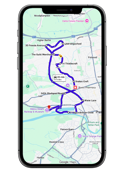 Preston driving test routes featuring common test roads, roundabouts and junctions used by learner drivers near Preston Driving Test Centre, Lancashire