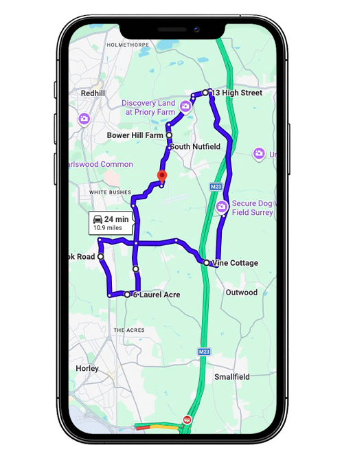 Redhill Aerodrome Driving Test Centre Practice Route through Brighton Road A23, Three Arch Road and Netherne Roundabout in Surrey