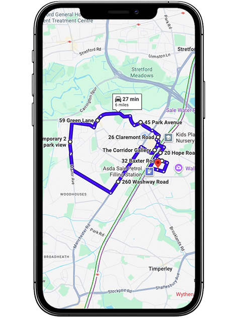 Sale (Manchester) driving test routes covering Washway Road (A56), Dane Road, Cross Street, Marsland Road and key junctions commonly used near Sale Driving Test Centre, Greater Manchester