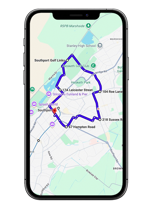 Southport driving test routes covering Scarisbrick New Road, Kew Roundabout, Town Lane and other common roads used near Southport Driving Test Centre