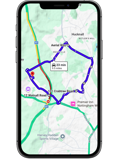 Watnall driving test routes covering Nuthall Road (A610), Main Road Watnall, Gin Close Way, Giltbrook Retail Park roundabouts, Nottingham Road and key junctions near Watnall Driving Test Centre, Nottinghamshire