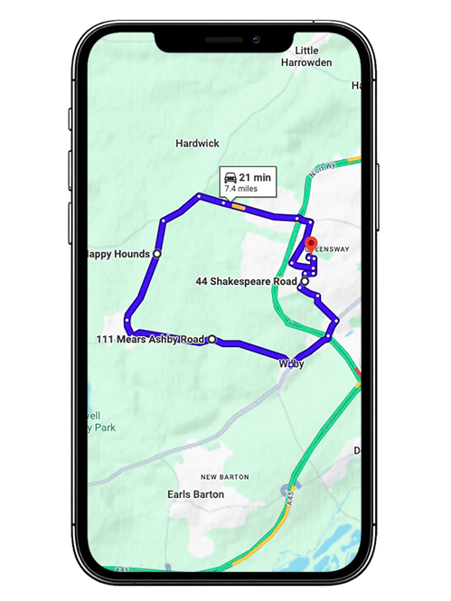Wellingborough driving test routes covering London Road (A5193), Finedon Road, Niort Way, Turnells Mill Lane, Midland Road and key roundabouts commonly used near Wellingborough Driving Test Centre, Northamptonshire