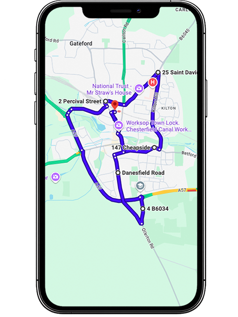 Worksop driving test routes covering Carlton Road, Gateford Road (A57), Retford Road, Blyth Road, Raymoth Lane and key roundabouts commonly used near Worksop Driving Test Centre, Nottinghamshire