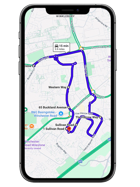 Basingstoke driving test routes covering Ringway South (A339), Black Dam Roundabout, Winchester Road, The Harrow Way and Brighton Hill Roundabout near Basingstoke Driving Test Centre, Hampshire