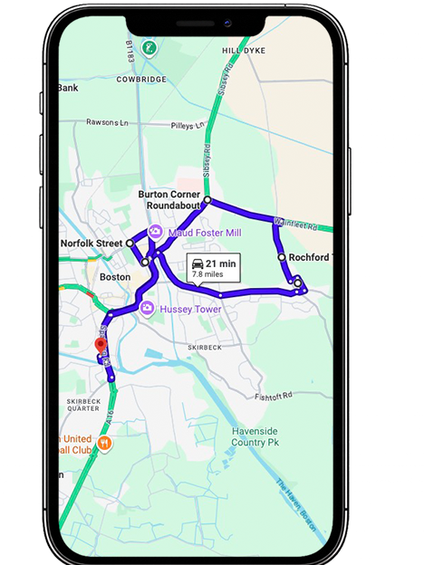 Boston driving test routes covering John Adams Way (A16), Liquorpond Street, Sleaford Road, London Road (A52), Wyberton Low Road and key junctions near Boston Driving Test Centre, Lincolnshire