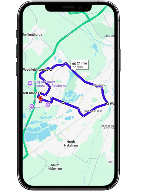 Lincoln driving test routes covering Tritton Road (A46), Newark Road (A1434), Doddington Road, Skellingthorpe Road, Hykeham Road and key roundabouts near Lincoln Driving Test Centre, Lincolnshire