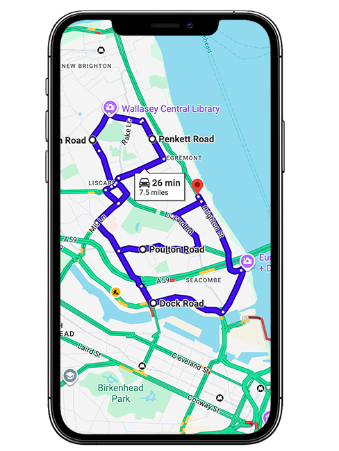 Wallasey driving test routes featuring common test roads, roundabouts and junctions used by learner drivers near Wallasey Driving Test Centre, Wirral, Merseyside